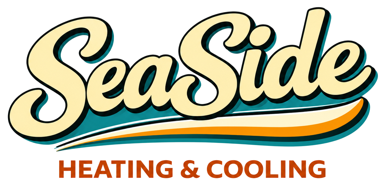 SeaSide Heating & Cooling logo in cream and blue with orange underline