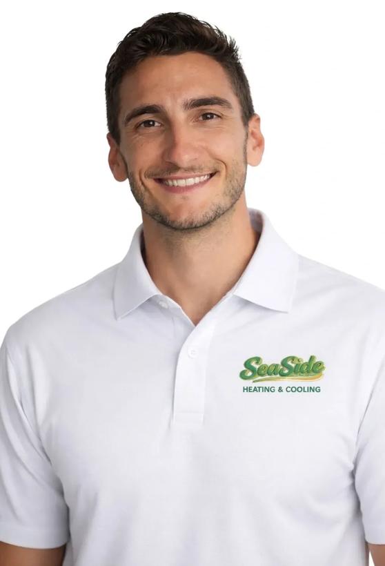 Portrait of a smiling person in a white polo with a green SeaSide logo on a white background