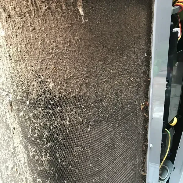 Close-up of a dirty air filter with dust buildup beside exposed wiring.