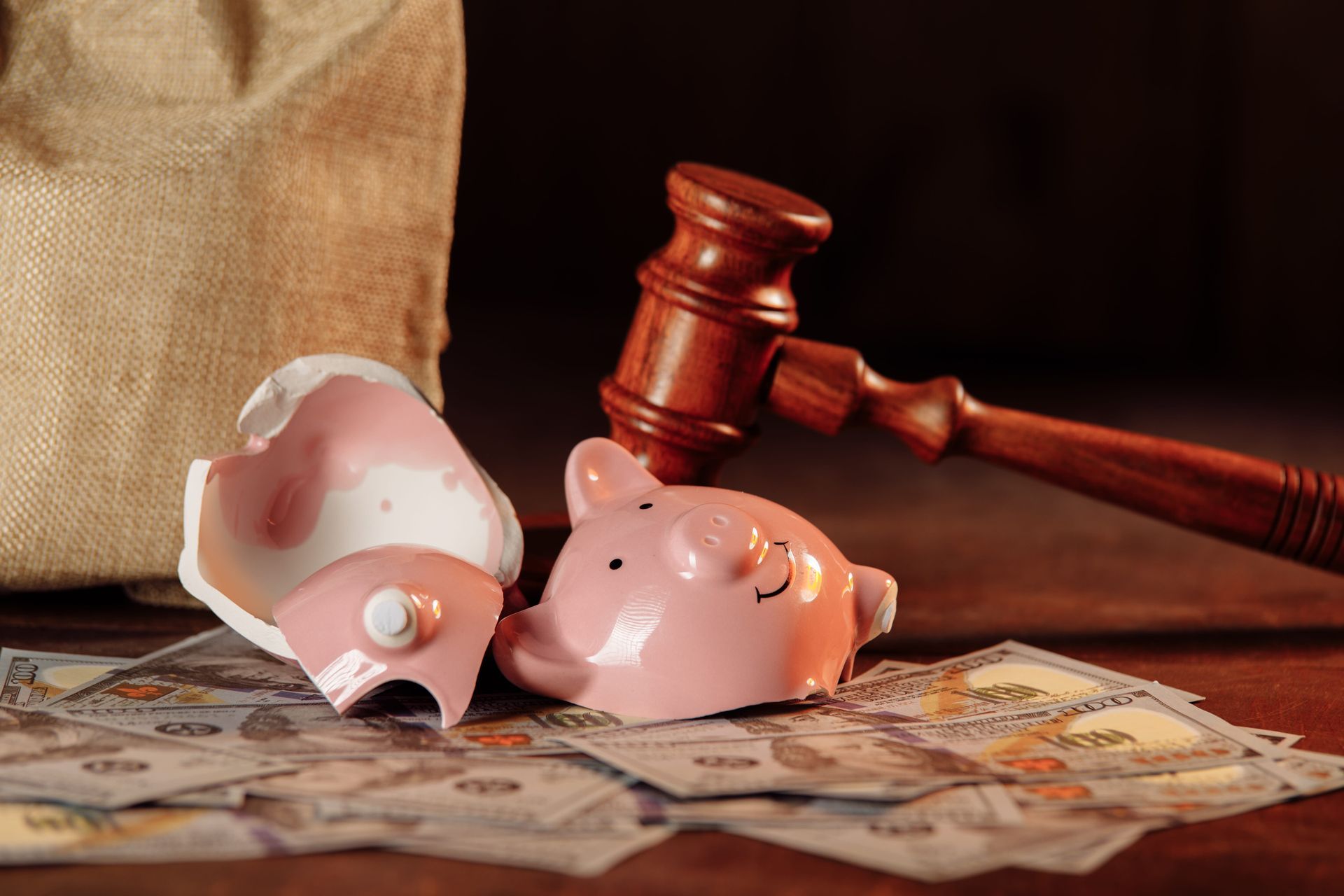 Broken pink piggy bank with coins and a gavel on dollar bills