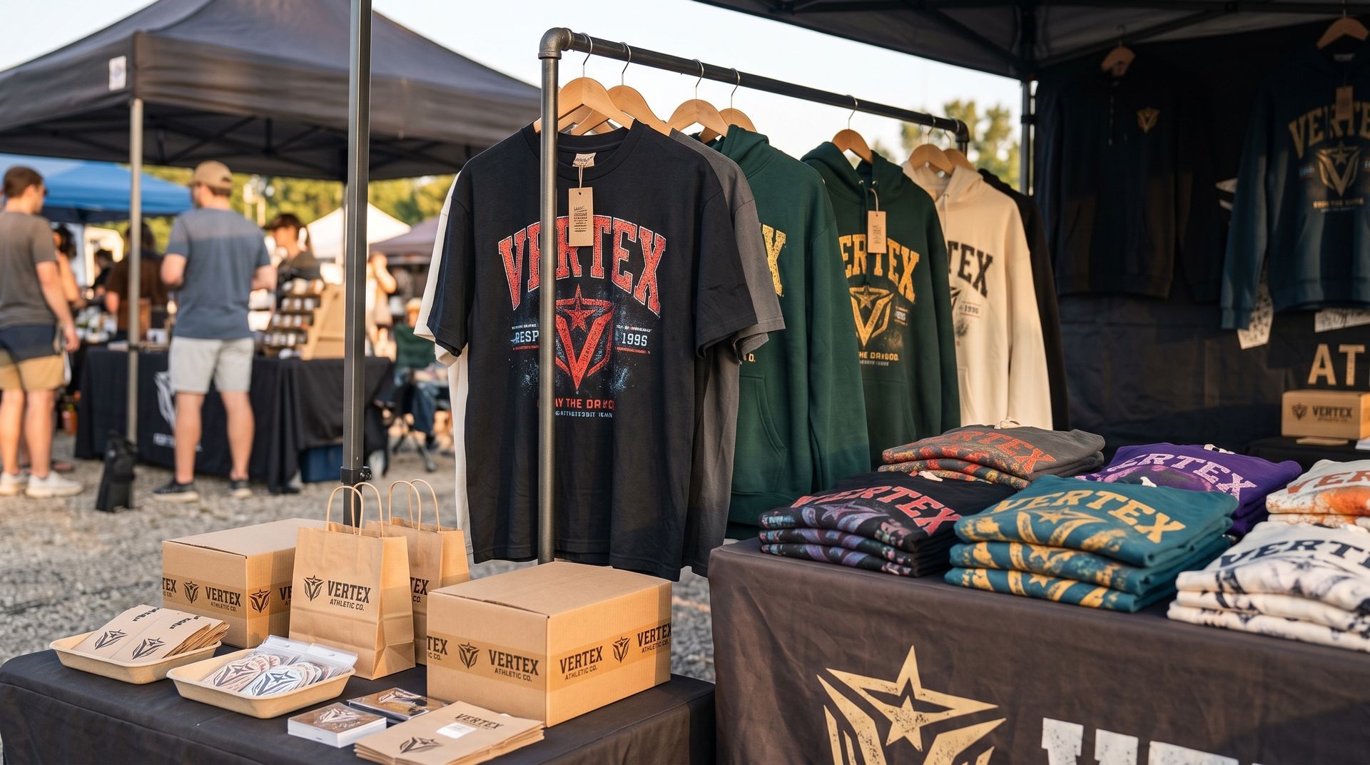 Outdoor market stall selling graphic T-shirts and folded shirts on tables under canopies