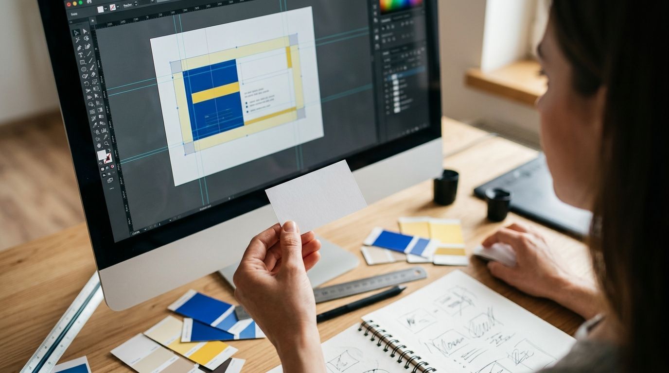 Person editing a design mockup on a desktop monitor at a desk with notes and cards nearby