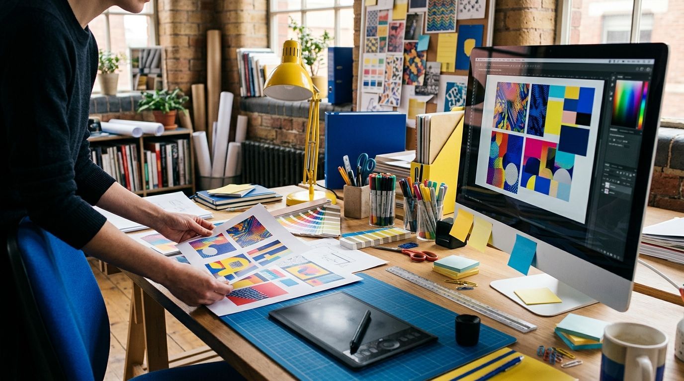 Designer arranging color swatches at a desk beside a large monitor displaying a color palette.