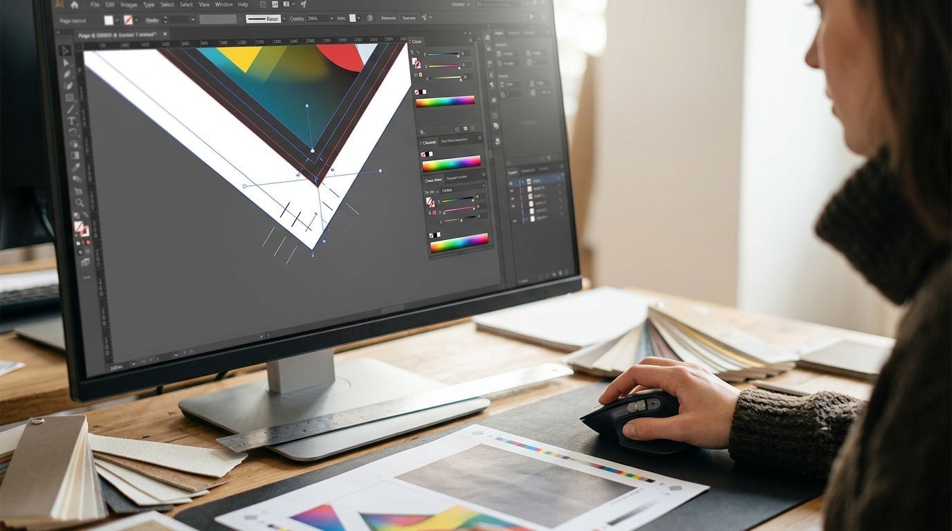 Designer editing a colorful geometric layout on a desktop monitor at a desk
