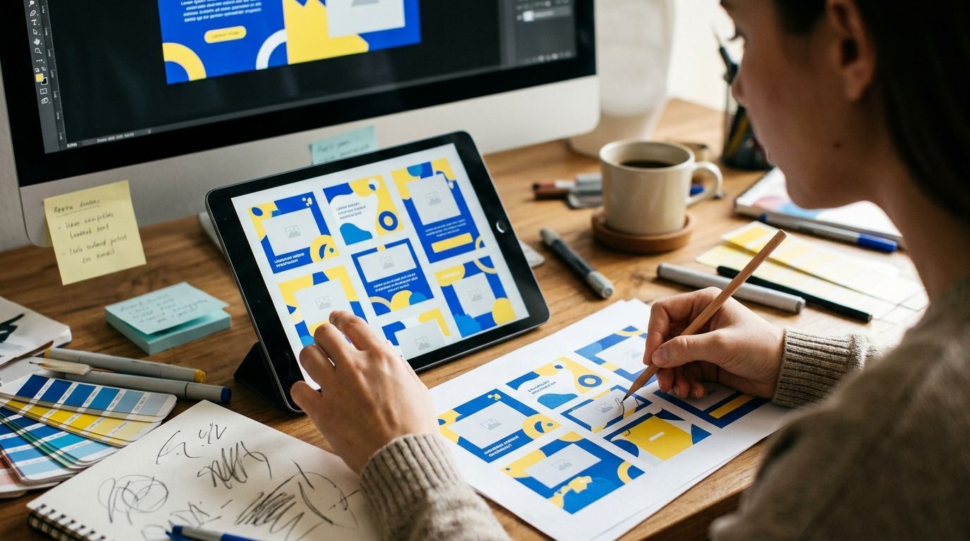 Person sketching a blue-and-yellow design layout at a desk with a tablet and computer monitor