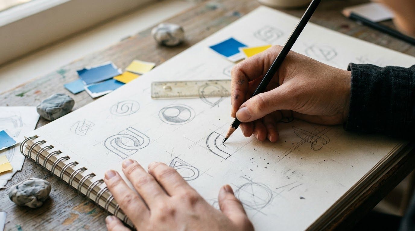 Hands sketching logo designs in a notebook with colored paper samples nearby