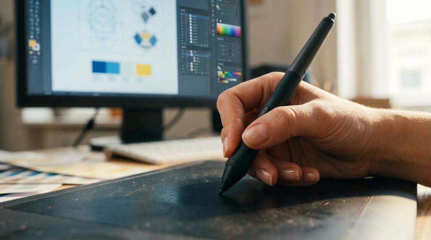 Hand drawing on a tablet with a stylus, with a computer monitor showing a design workspace in the background