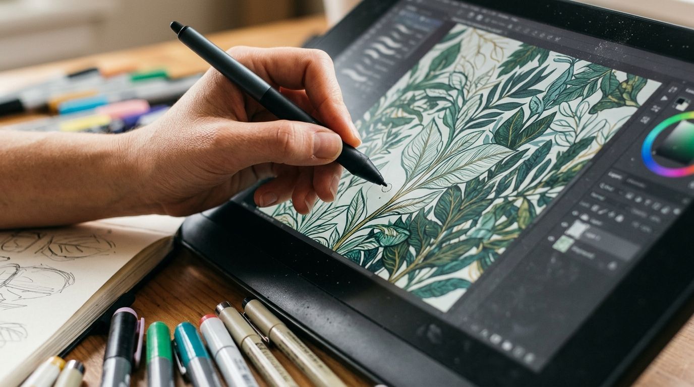 Hand drawing a green leaf pattern on a tablet with stylus, surrounded by art pens and supplies