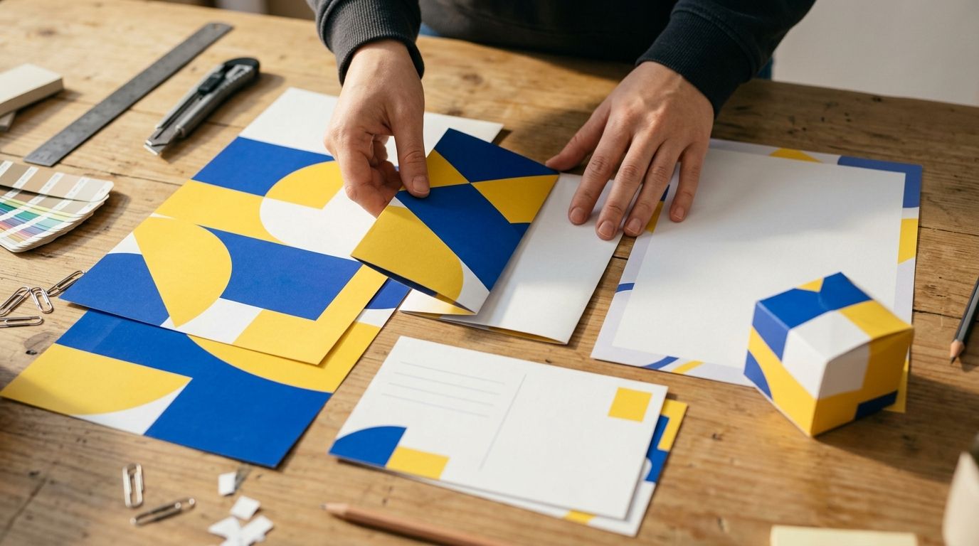Hands arranging blue-and-yellow paper geometric shapes on a table with sketch papers and tools