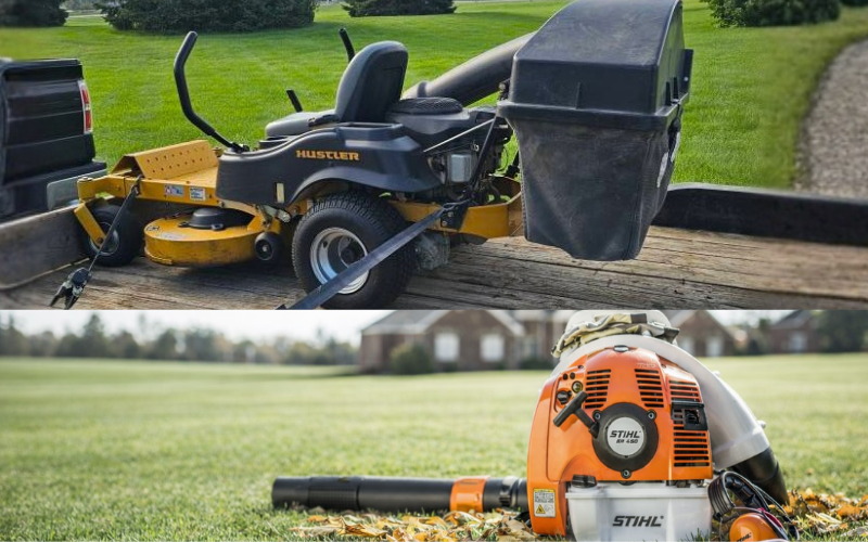 Top: Yellow zero-turn mower with collection bag on a trailer. Bottom: Man using orange leaf blower.