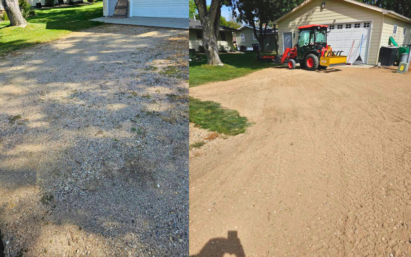 Two driveways, before and after gravel resurfacing. A small tractor is parked in the 
