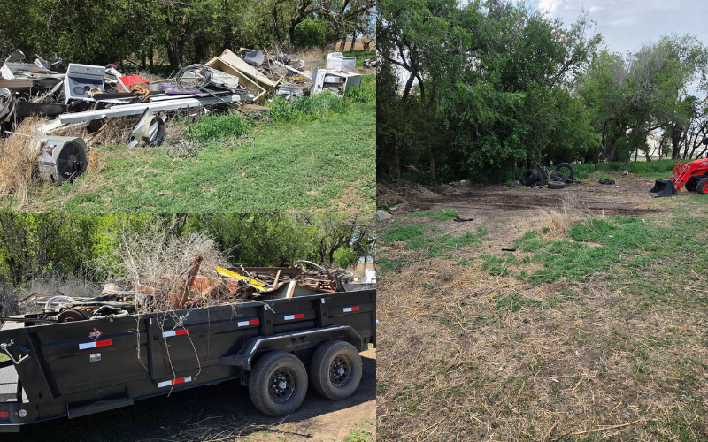 Demolition of small concrete structure. Debris in a truck bed, and cleared area in a grassy field.