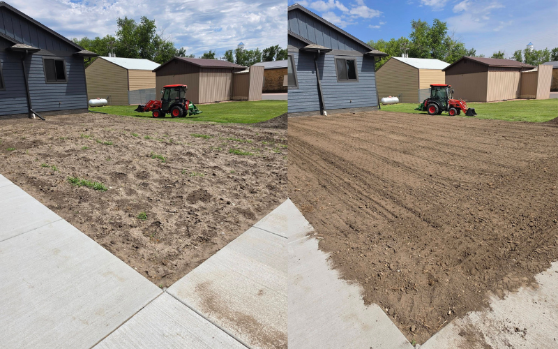 Two side-by-side views of a sidewalk construction project, dirt and a street are visible.