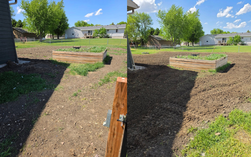 Tractor plowing a garden. Several views show the tractor with different attachments, working soil in a yard.