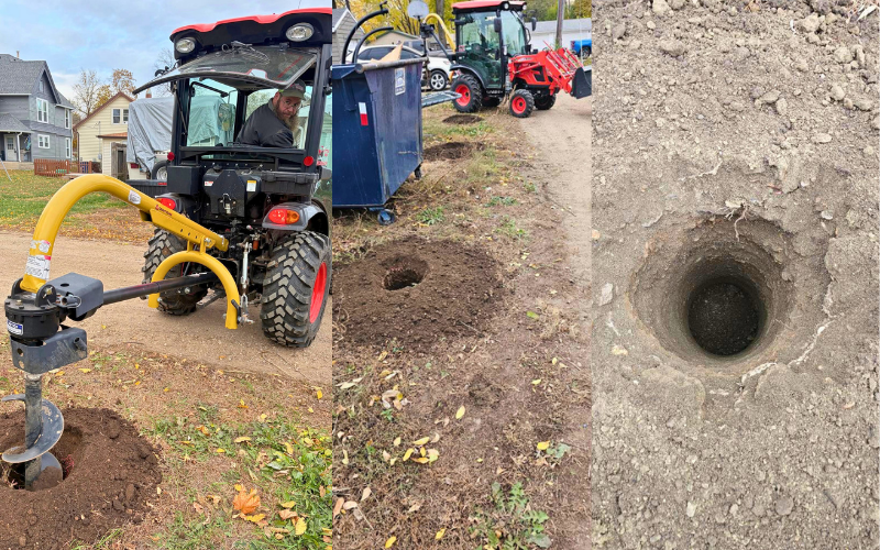 A tractor drills holes in the ground for planting. Another tractor is in the background. Close-up of a hole.