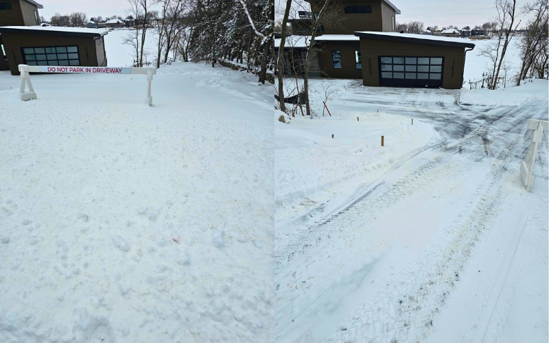 Snowy landscape with houses and a driveway covered in tire tracks.