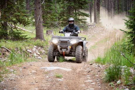 A man is riding an atv on a dirt road in the woods.