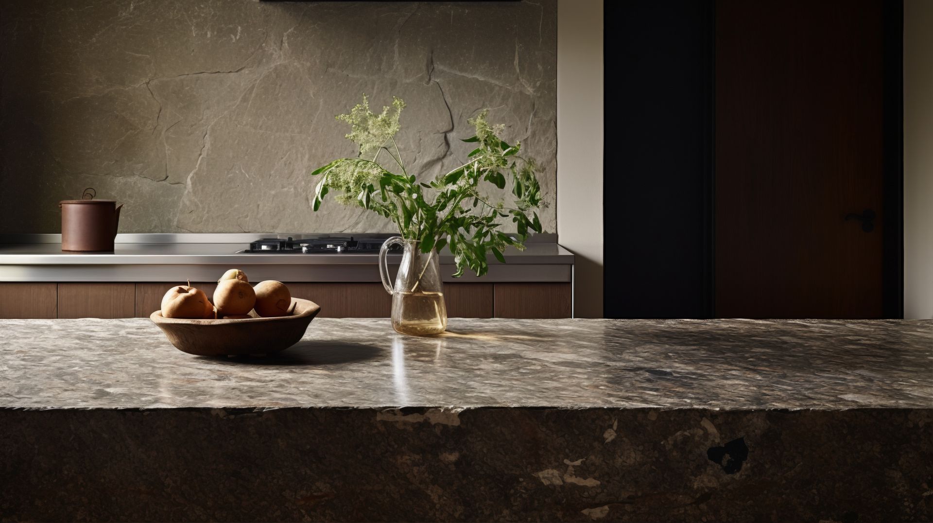 A bowl of fruit is sitting on a counter in a kitchen.