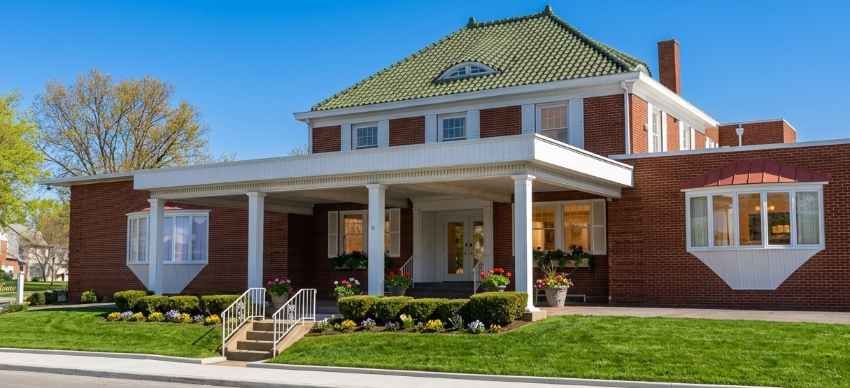 The front door of a house with a porch and plants in front of it.