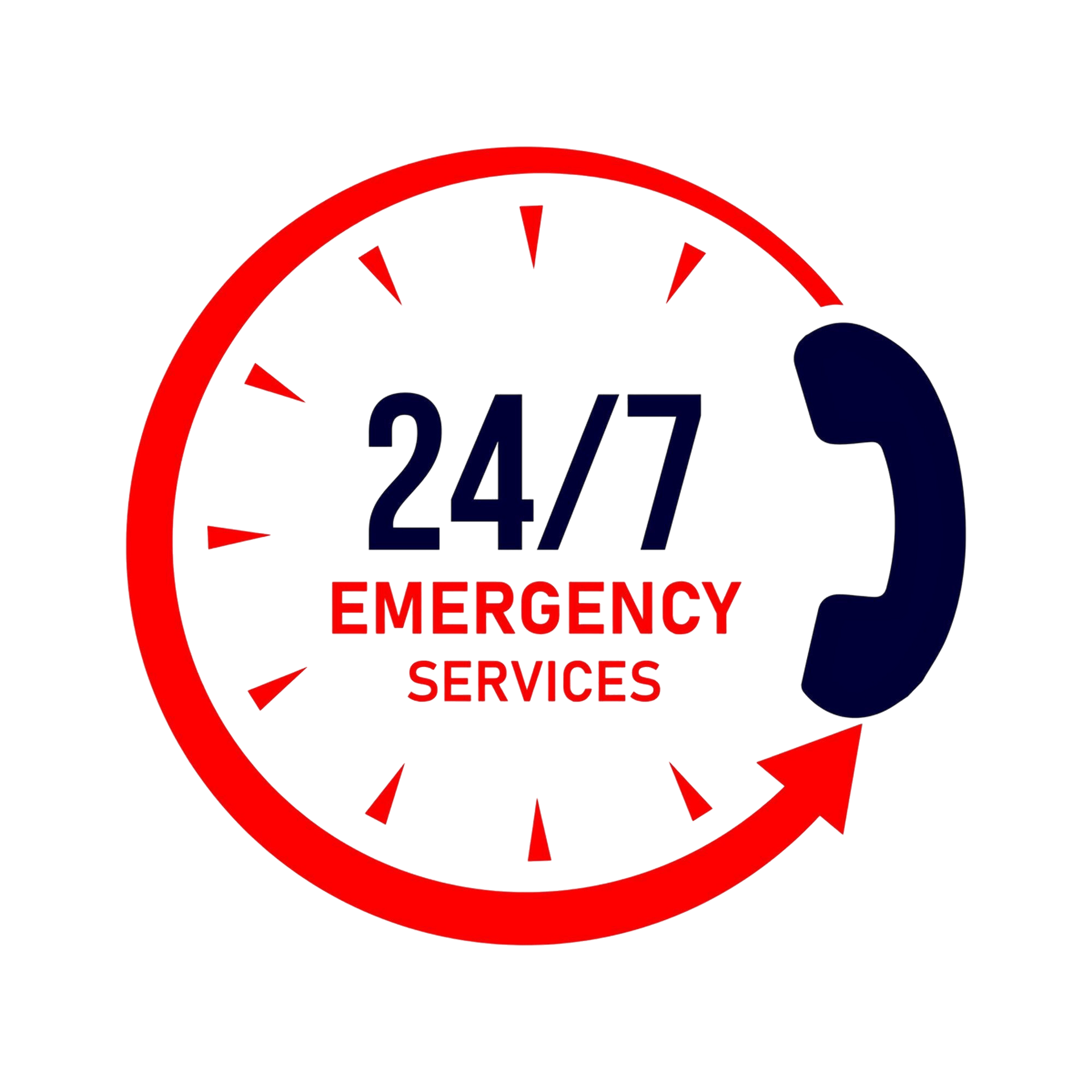 24/7 emergency services logo with red clock and navy phone icon