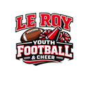 Le Roy Youth Football & Cheer logo with a football, cheer pom-poms, and bold red-and-black text
