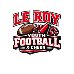 Le Roy Youth Football & Cheer logo with a football, cheer pom-poms, and bold red-and-black text