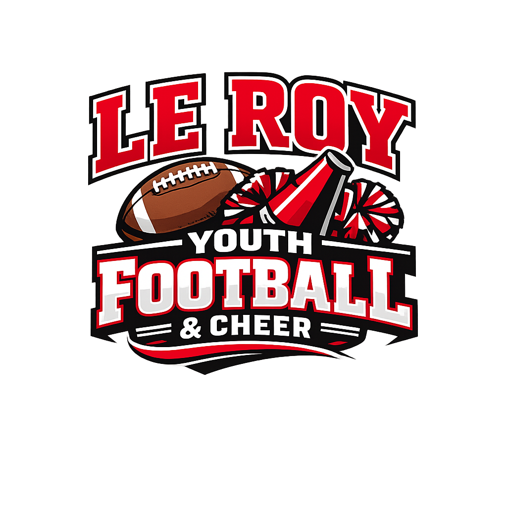 Le Roy Youth Football & Cheer logo with a football, cheer pom-poms, and bold red-and-black text