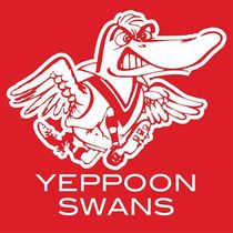 Cartoon character of a fierce red & white swan representing the Yeppoon Swans AFL Club