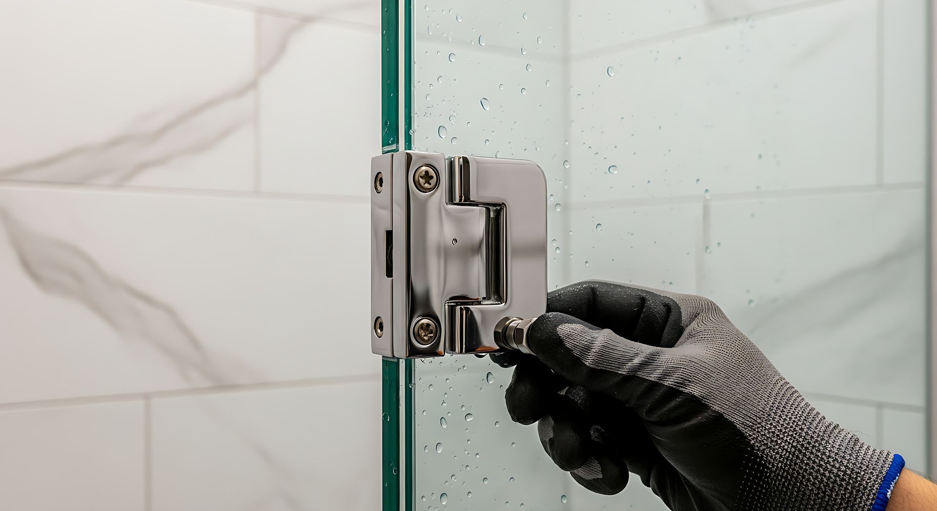 A gloved hand installing a chrome hinge on a frameless glass shower door against a tiled wall