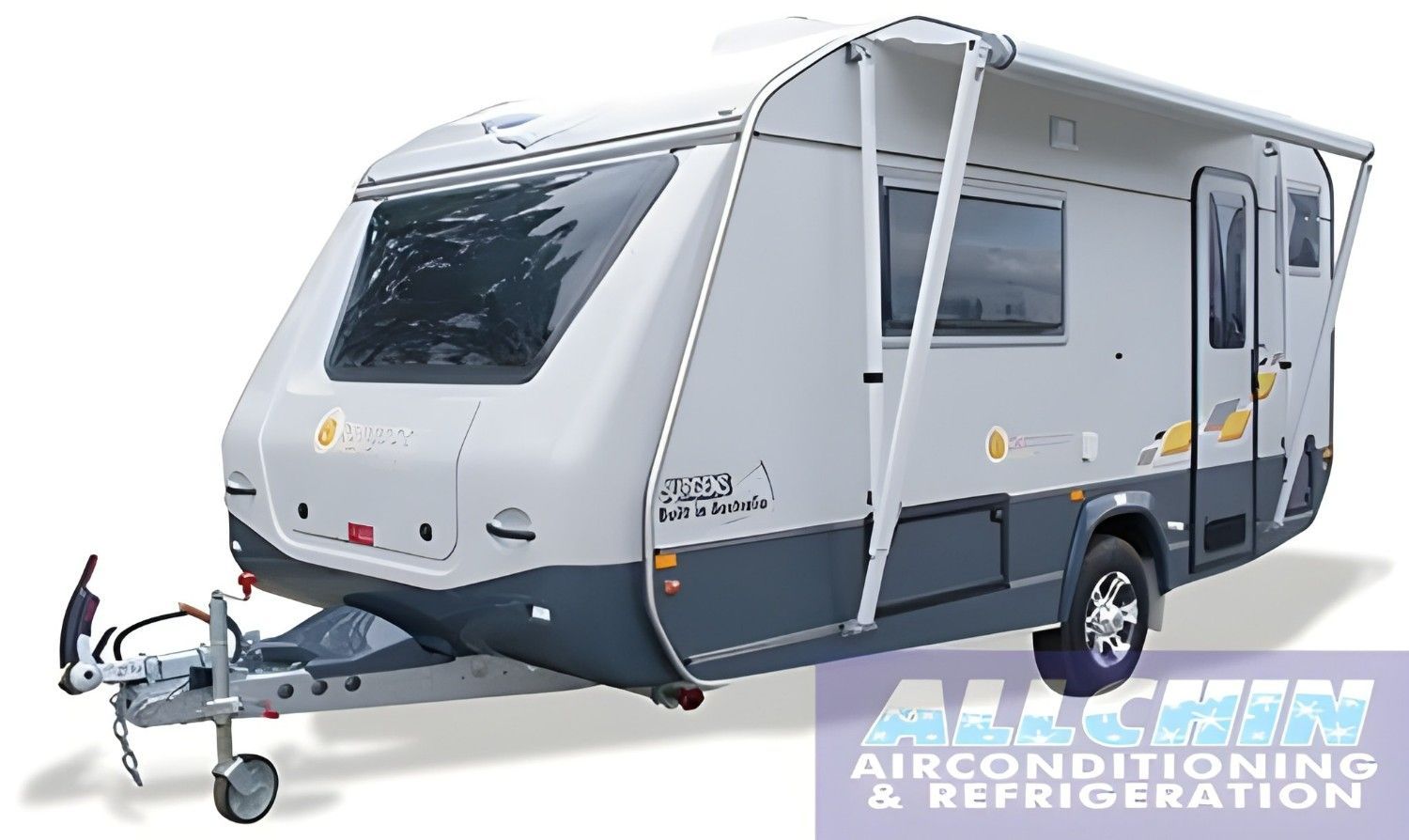 A White and Gray Caravan with A Retractable Awning — Allchin Airconditioning & Refrigeration Electrical In Yandina, QLD