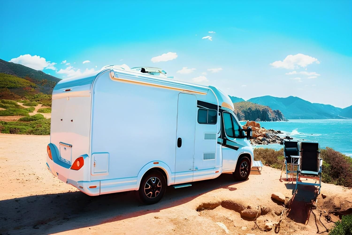 A White Rv Parked on A Sandy Shore with A Scenic Ocean View — Allchin Airconditioning & Refrigeration Electrical In Nambour, QLD