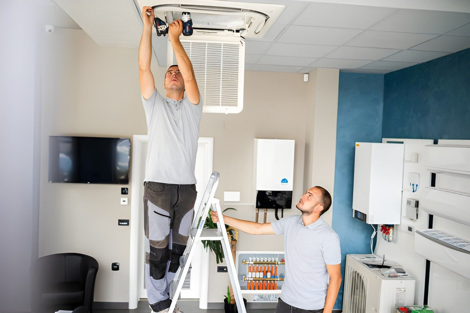 Two Men Installing an Air Conditioning Unit on A Ceiling — Allchin Airconditioning & Refrigeration Electrical in Caloundra, QLD