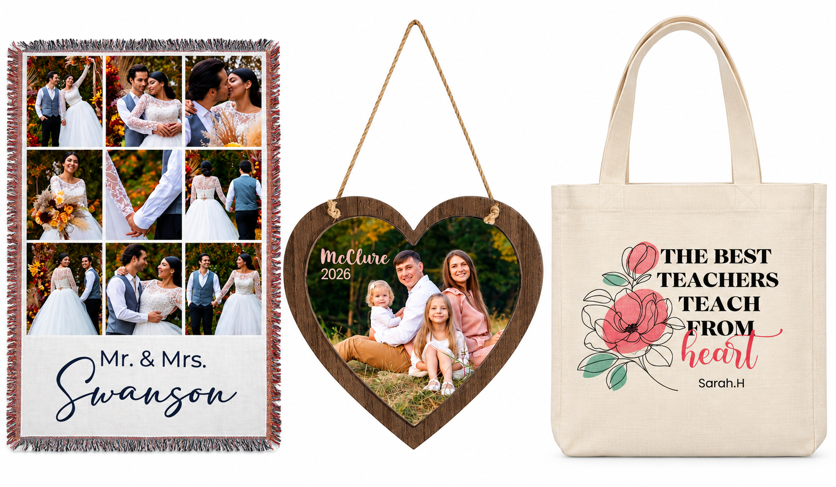 Prezentare vizuală a produselor și blancurilor pentru sublimare în 2026, incluzând decorațiuni rustice, panouri metalice și accesorii personalizate.