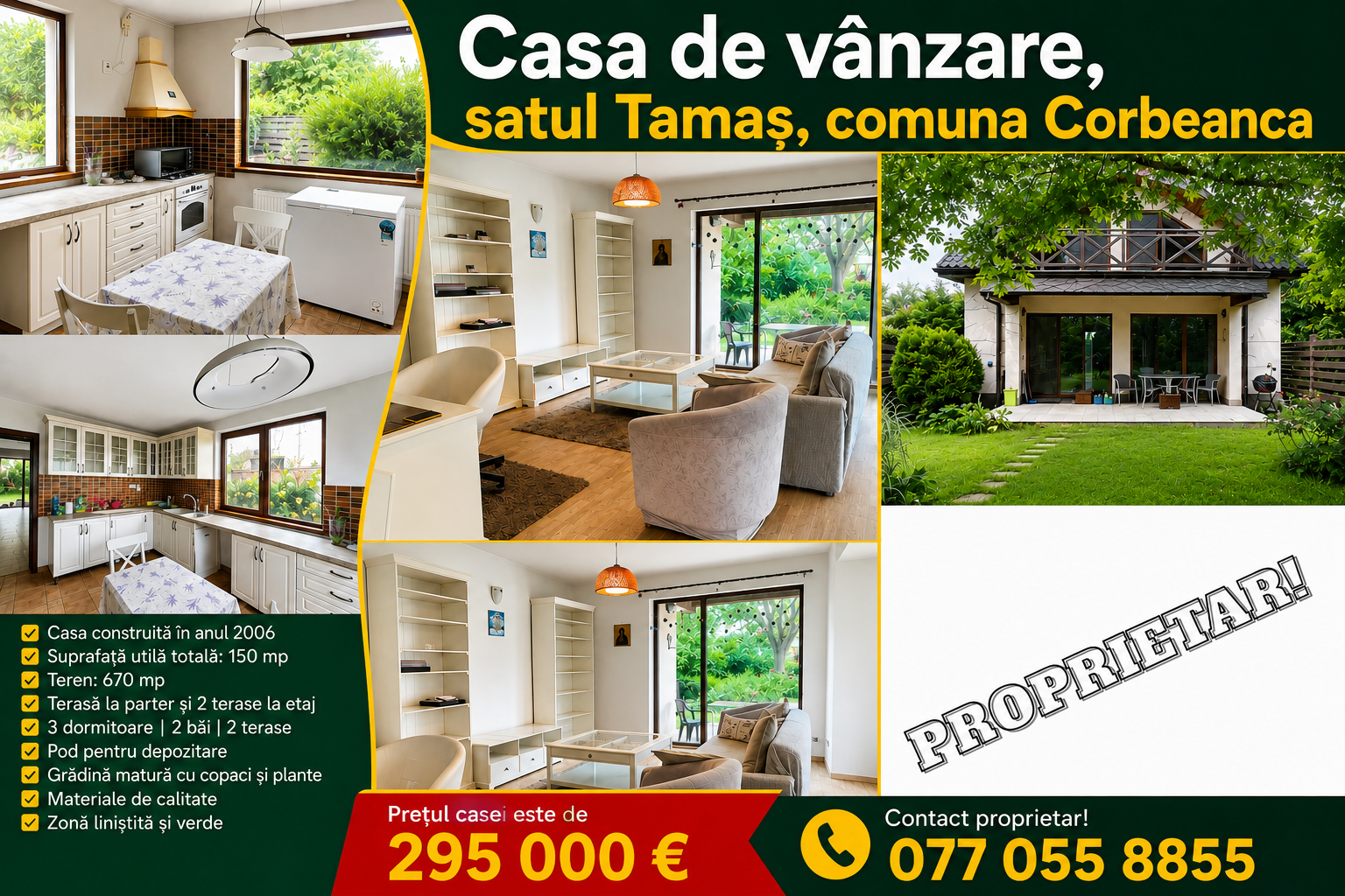 Casa are următoarele utilități. La parter ai holul de intrare, bucătăria, un grup sanitar tehnic, o cămară sub scară, plus livingul și zona de dining. Sus, la etaj, sunt trei dormitoare, două băi și un hol. Două dintre dormitoare au ieșire pe terasă, iar jos, la parter, mai e încă o terasă. În plus, ai și un pod pentru depozitare. Casa construită în anul 2006 cu materiale de calitate. Gradina cu copaci și plante ajunse la maturitate. Casa are o suprafață utilă total de 150mp. Terenul este în suprafață de 670mp. Casa ideală atât pentru o familie, cât și  pentru dezvoltarea unei afaceri precum grădiniță, after school sau centru educațional. 