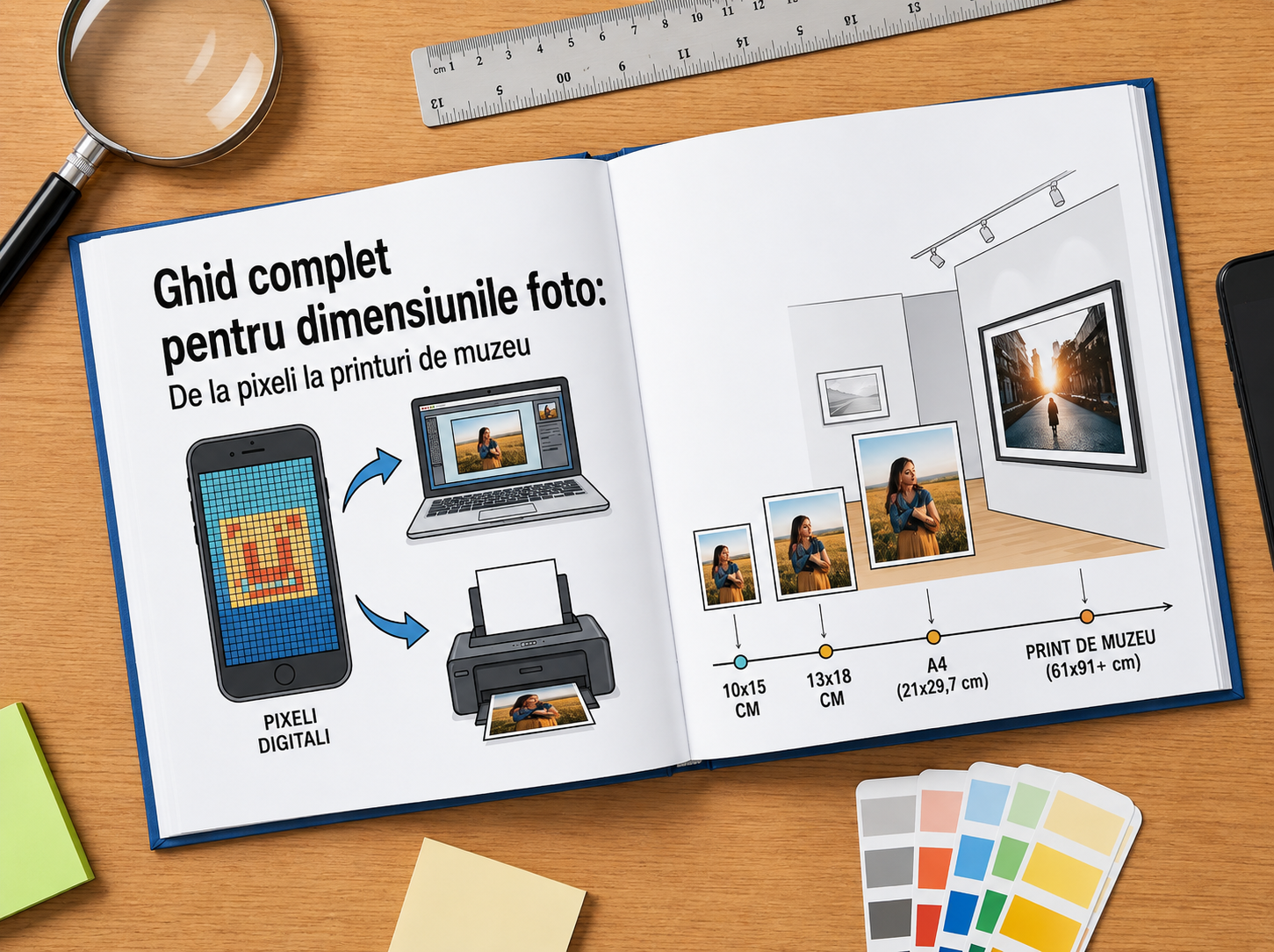 Ai muncit ore la rând la o fotografie perfectă, dar a ieșit tăiată sau pixelată la print? Stancu Print îți pune la dispoziție ghidul complet al dimensiunilor foto, de la formatul digital pentru web și social media până la tablouri fine art și printuri de muzeu de calitate superioară. Evită surprizele neplăcute și redă fidelitatea culorilor tale pe hârtie fotografică profesională sau hârtie bumbac. Comandă simplu online cu livrare rapidă oriunde în România sau ridicare direct din București. Transformă acum cadrele tale în artă impecabilă!