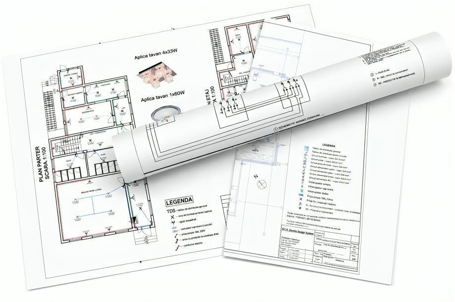 Planșă A3 tipărită cu plan de instalații electrice, hârtie mată albă 125 g/m², Stancu Print București. Detaliu suprafață mată hârtie albă pentru plotare planuri tehnice fără reflexii, contrast ridicat. Plan instalație electrică tipărit A3 simboluri electrice și cote clare.