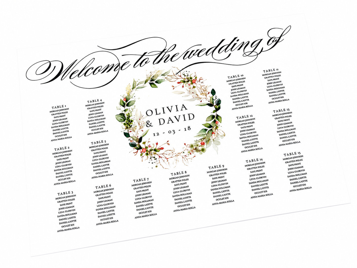 Invitație de nuntă cu coroană florală, „Olivia și David” și nume de invitați pe fundal alb