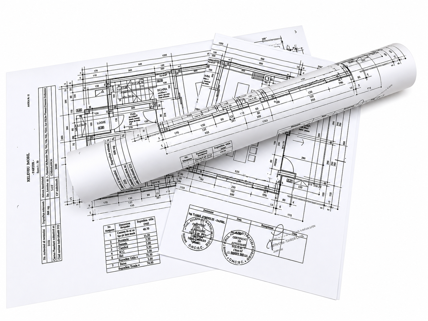 Plan releveu A3 alb-negru pe hârtie 80g/m² la Stancu Print. Print rapid și clar pentru verificări teren ale arhitecților.
