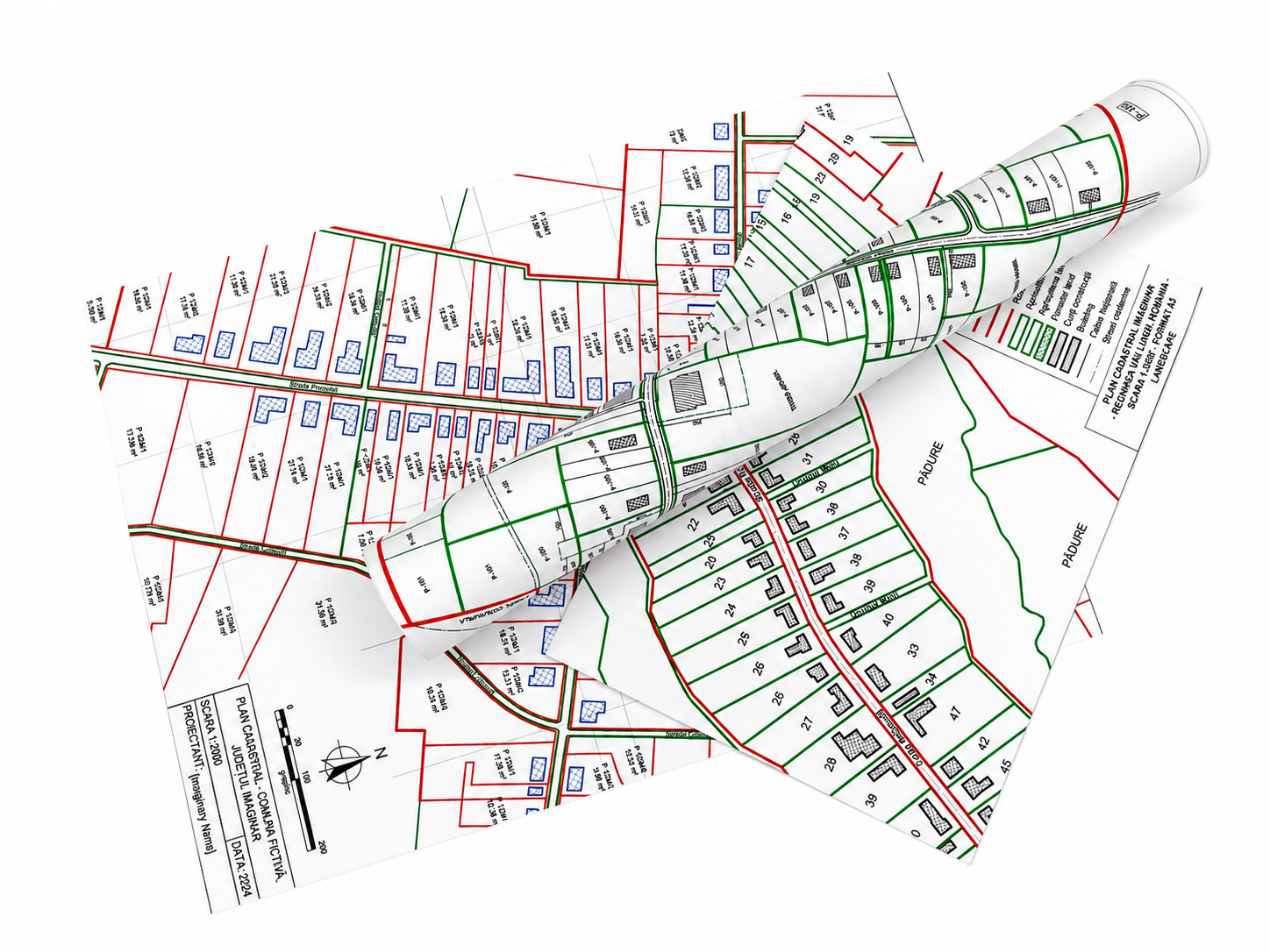 Plotare plan cadastral 1:2000 A3 color pe hârtie mată 125g/m² cu limite de parcelă și numere cadastrale la Stancu Print București.