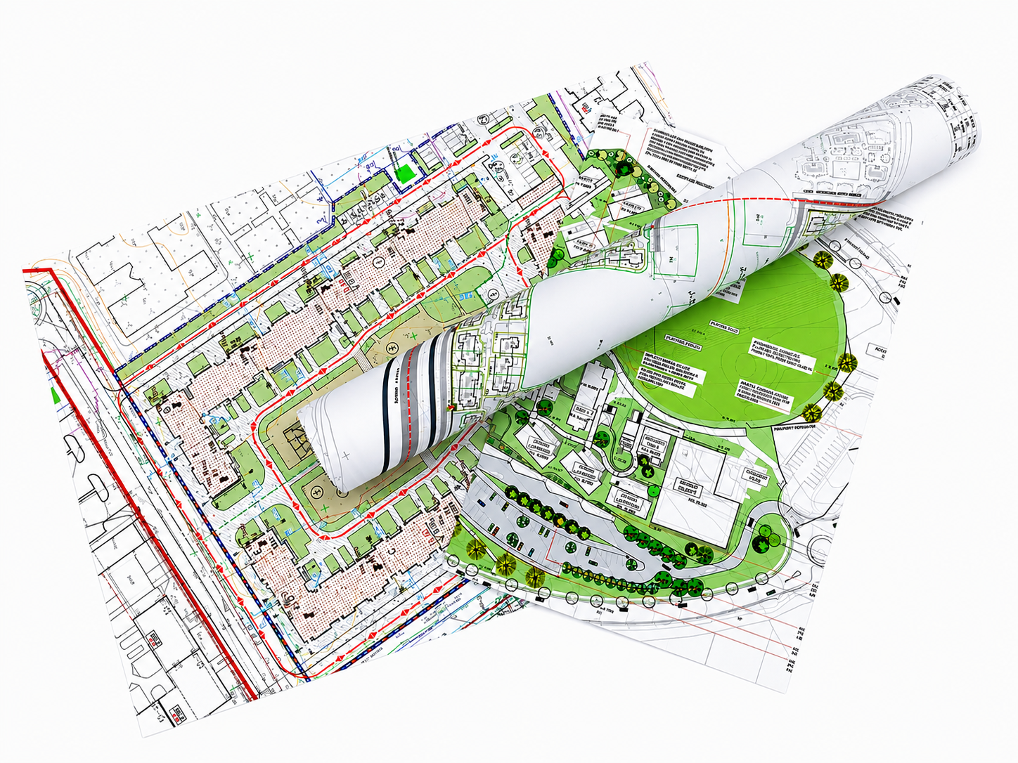 Randarea planului de amplasament al unui complex de clădiri cu zone verzi și alei