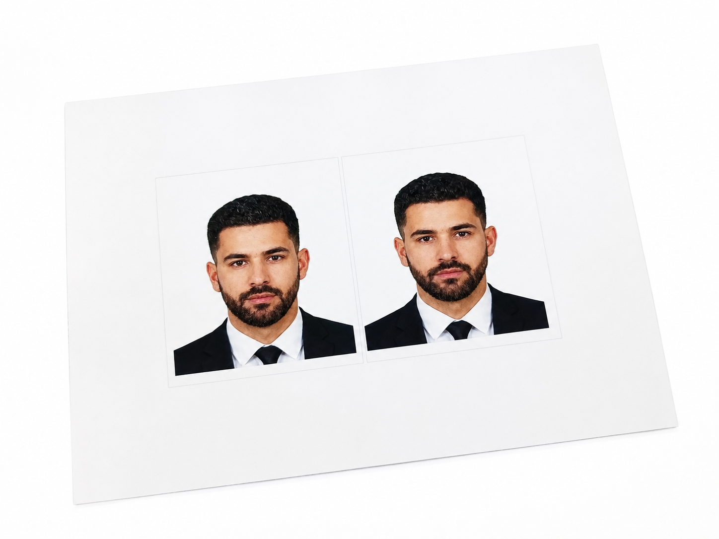 Două fotografii identice în stil pașaport pe o foaie albă înclinată