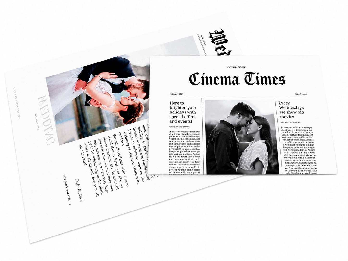 Două pagini de ziar suprapuse cu fotografii de film și titlul „Cinema Times”