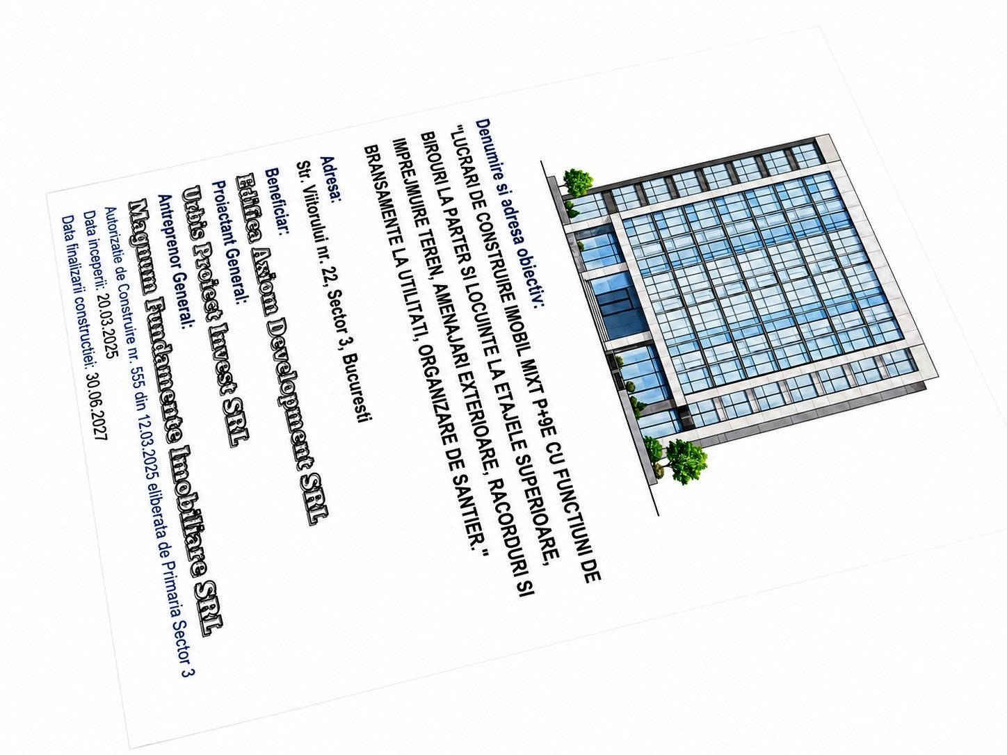 Panou A3 identificare investiții Stancu Print: hârtie mată 255 g/m² rezistentă la ploaie, text lizibil pe șantier.