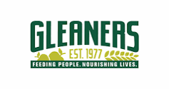 The logo for gleaners is green and yellow and says feeding people , nourishing lives.