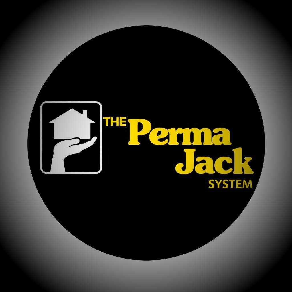 The PermaJack System logo featuring yellow text and a graphic icon of a hand holding a house inside a rounded square.