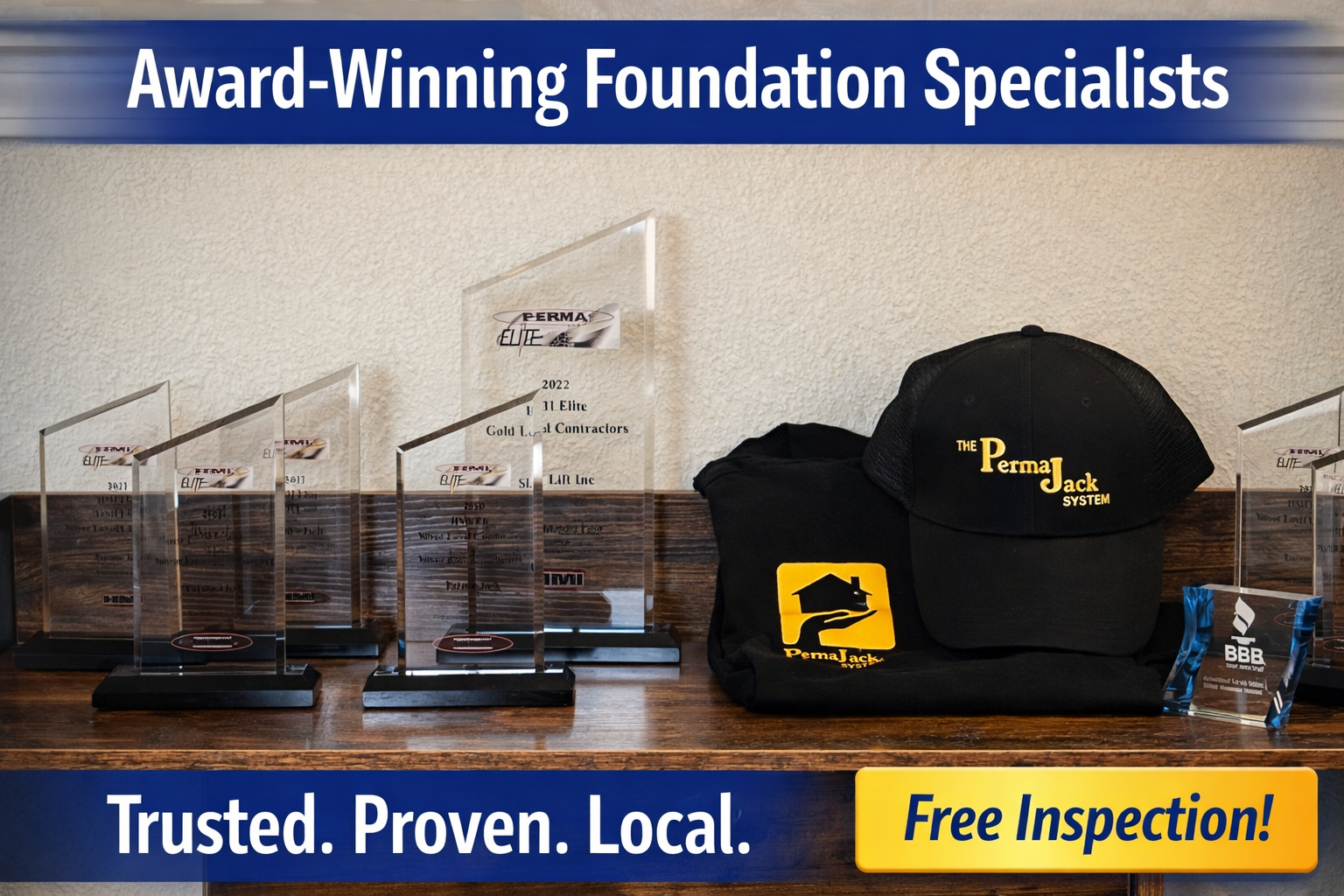 Awards and branded merchandise for a foundation specialist company, including a button for a free inspection.