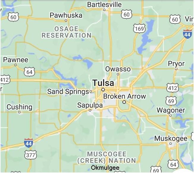 A digital map centered on Tulsa, Oklahoma, showing major highways and surrounding cities like Broken Arrow and Owasso.