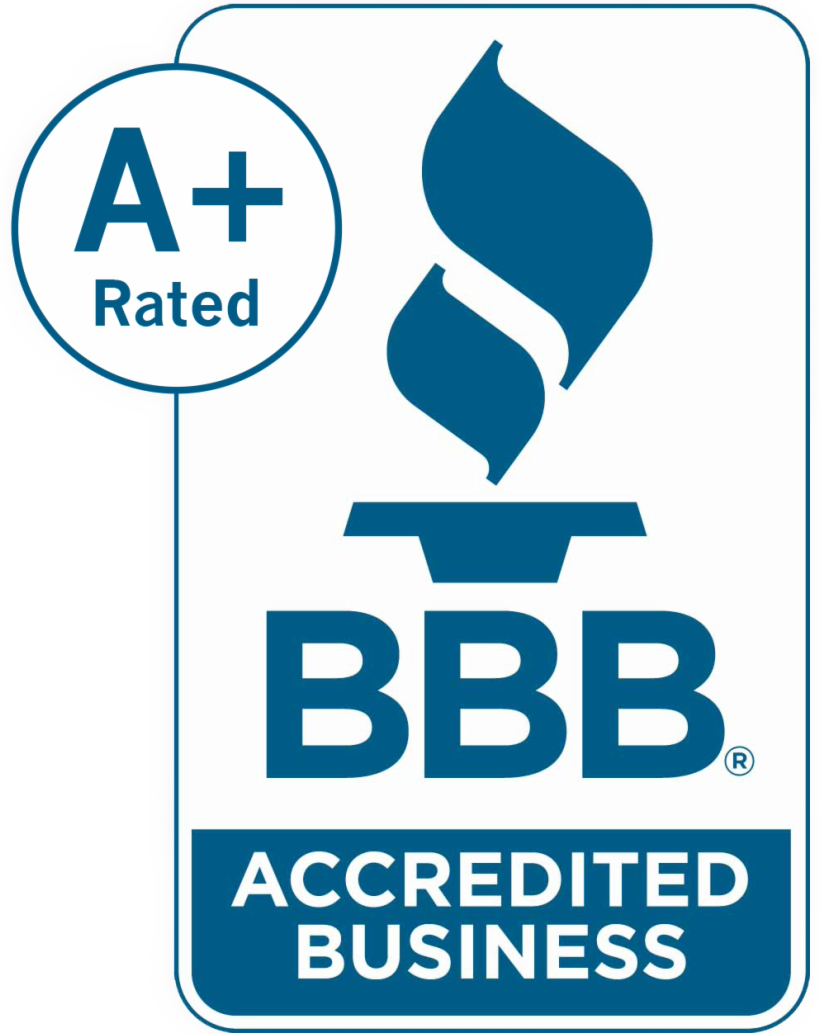 Better Business Bureau (BBB) Accredited Business seal with an A+ rating, featuring a blue torch logo on a white background.