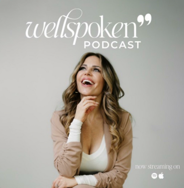 Woman smiling, looking up, promoting