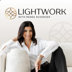 Portrait of Renee Scherzer seated on a sofa beside the LIGHTWORK logo and text, smiling in a white shirt